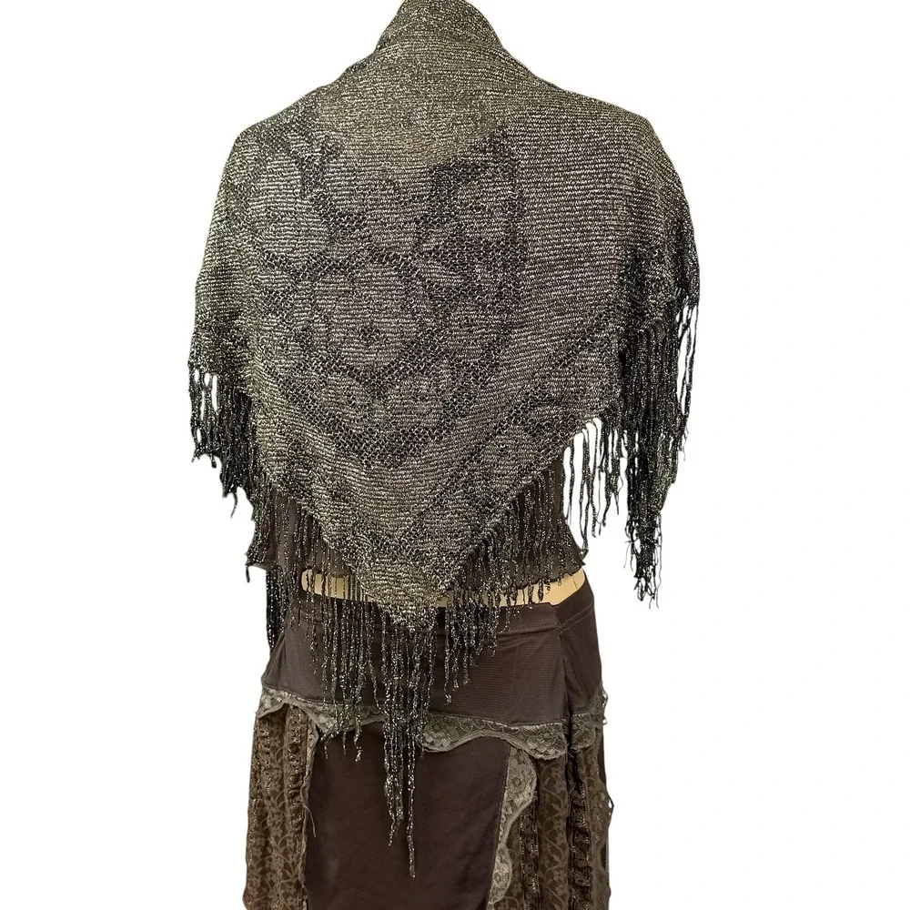 90s Whimsigoth Crochet Fringe Scarf Shawl Triangle Metallic Knit Fairy Grunge